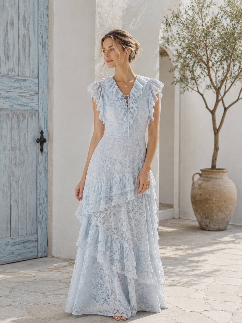 Light Blue Lace Ruffle Tiered Maxi Dress US 4 S-M Premium Finish